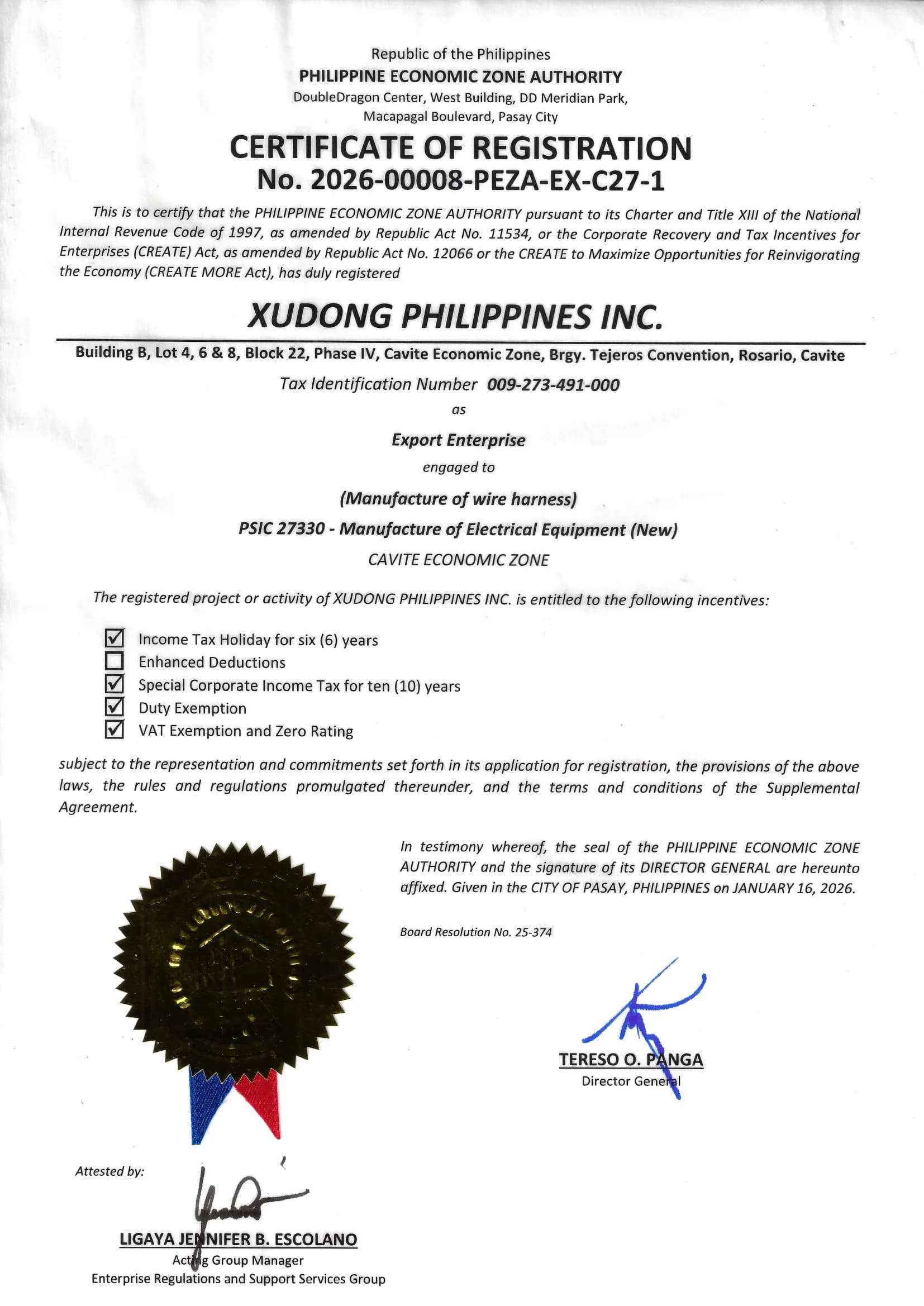 PEZA Certificate of Registration No. 2026-00008-PEZA-EX-C27-1 issued to XUDONG PHILIPPINES INC.