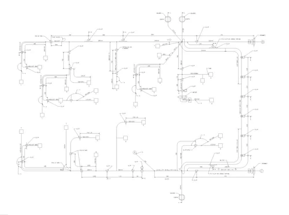 Detailed engineering drawing of a custom wire harness for automotive design