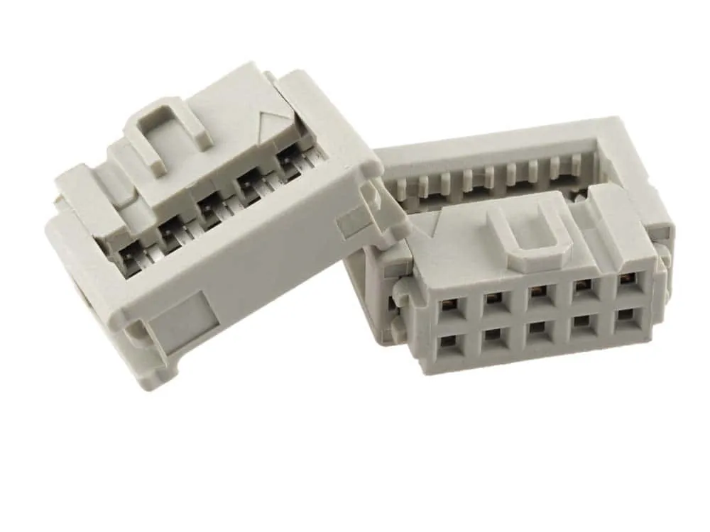 Two 10-pin 2.54mm pitch IDC connectors for ribbon cable termination